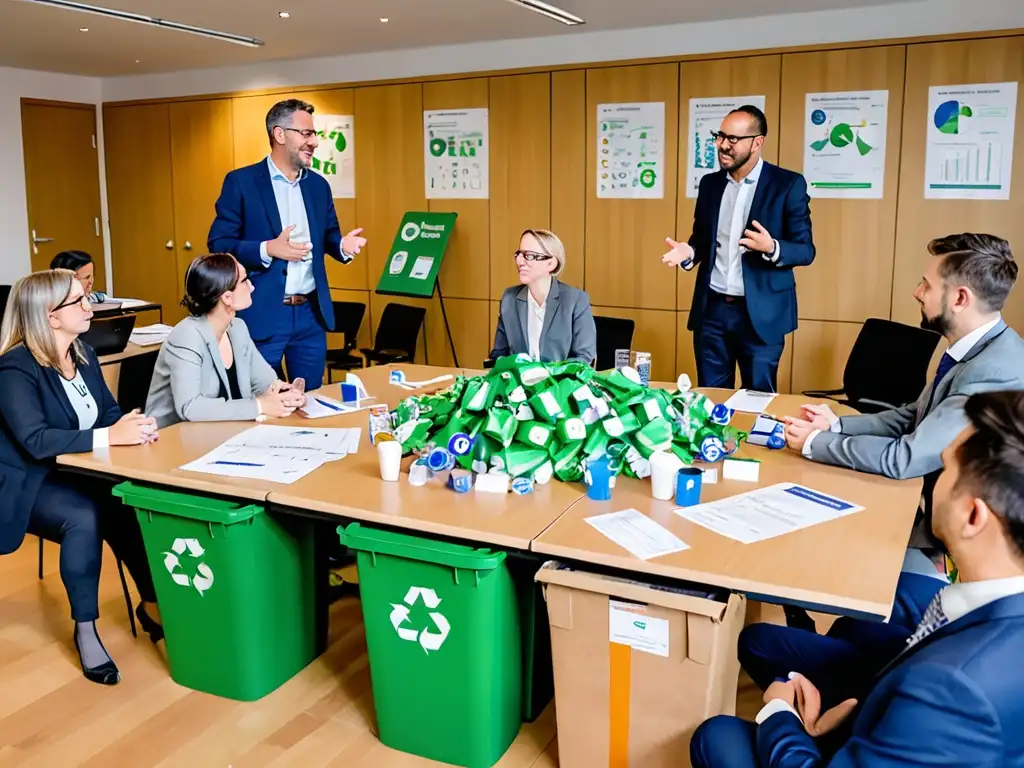 Profesionales participan con entusiasmo en un taller sobre interpretación de leyes de reciclaje en una sala de conferencias moderna y luminosa