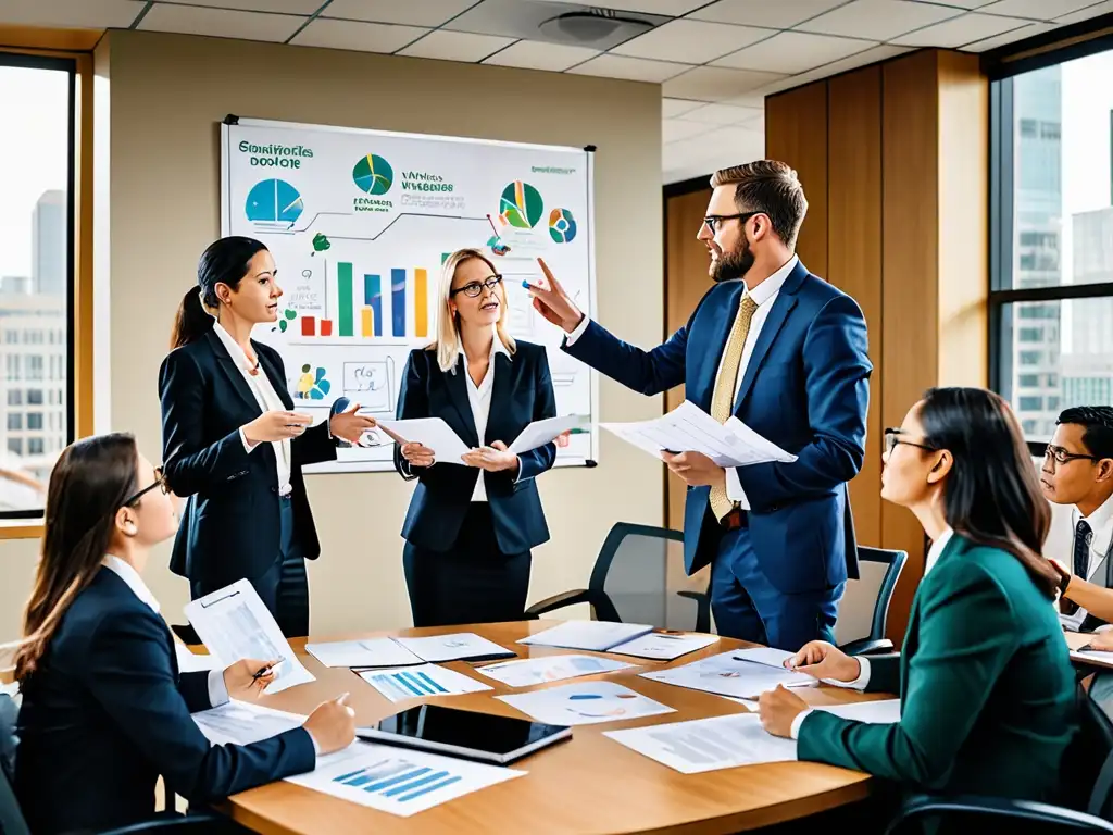Abogados y expertos en ambiente lideran estrategias sostenibles Profesionales colaboran en estrategias legales para gestión de residuos corporativos y sostenibilidad, rodeados de documentos y gráficos