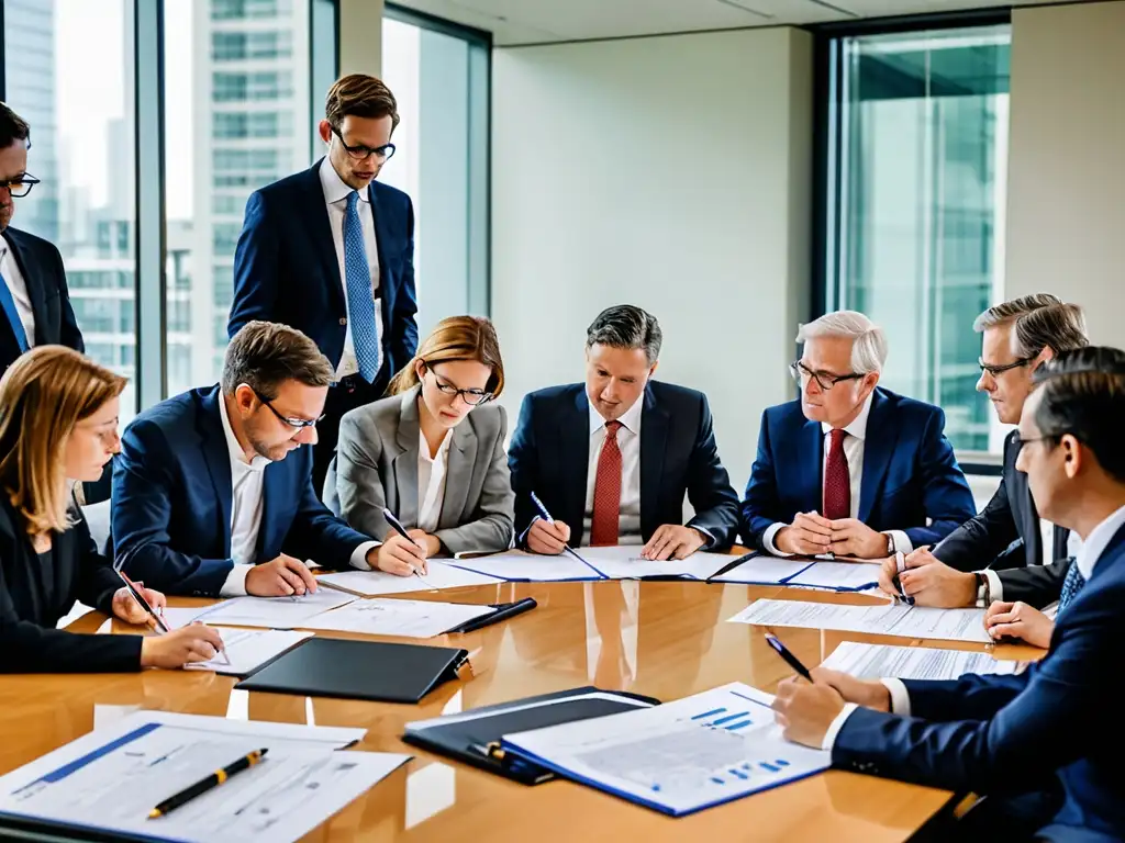 Profesionales en intensa discusión revisando documentos legales sobre inversiones en tecnología limpia, resaltando riesgos y puntos clave