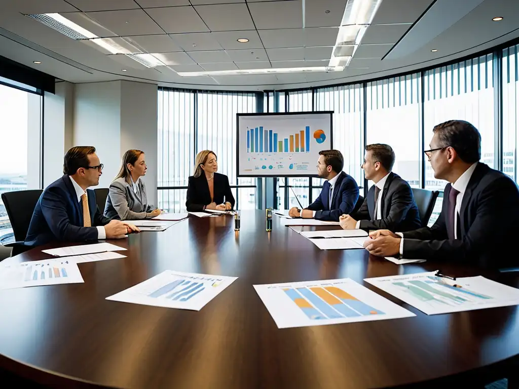 Profesionales discuten normativas de emisiones para empresas en una sala de juntas moderna, enfocados y comprometidos con la responsabilidad ambiental