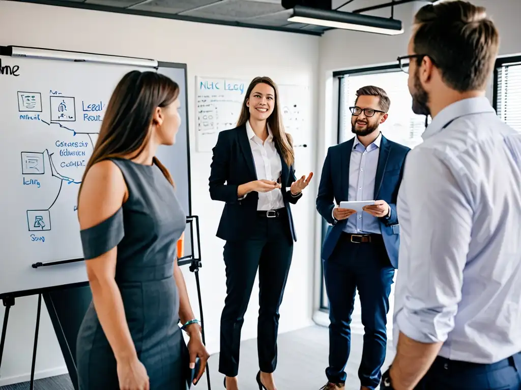 Profesionales en una oficina moderna discuten sobre obligaciones legales en startups tecnológicas