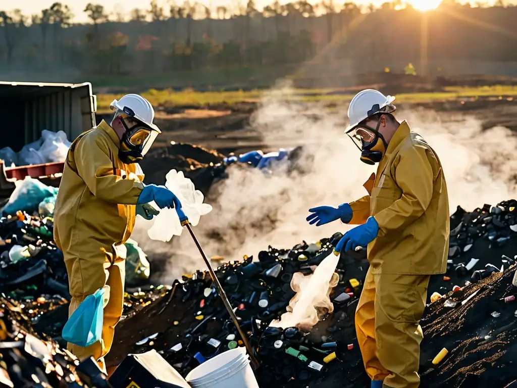 Profesionales inspeccionando residuos peligrosos en un vertedero, discutiendo legislación ambiental