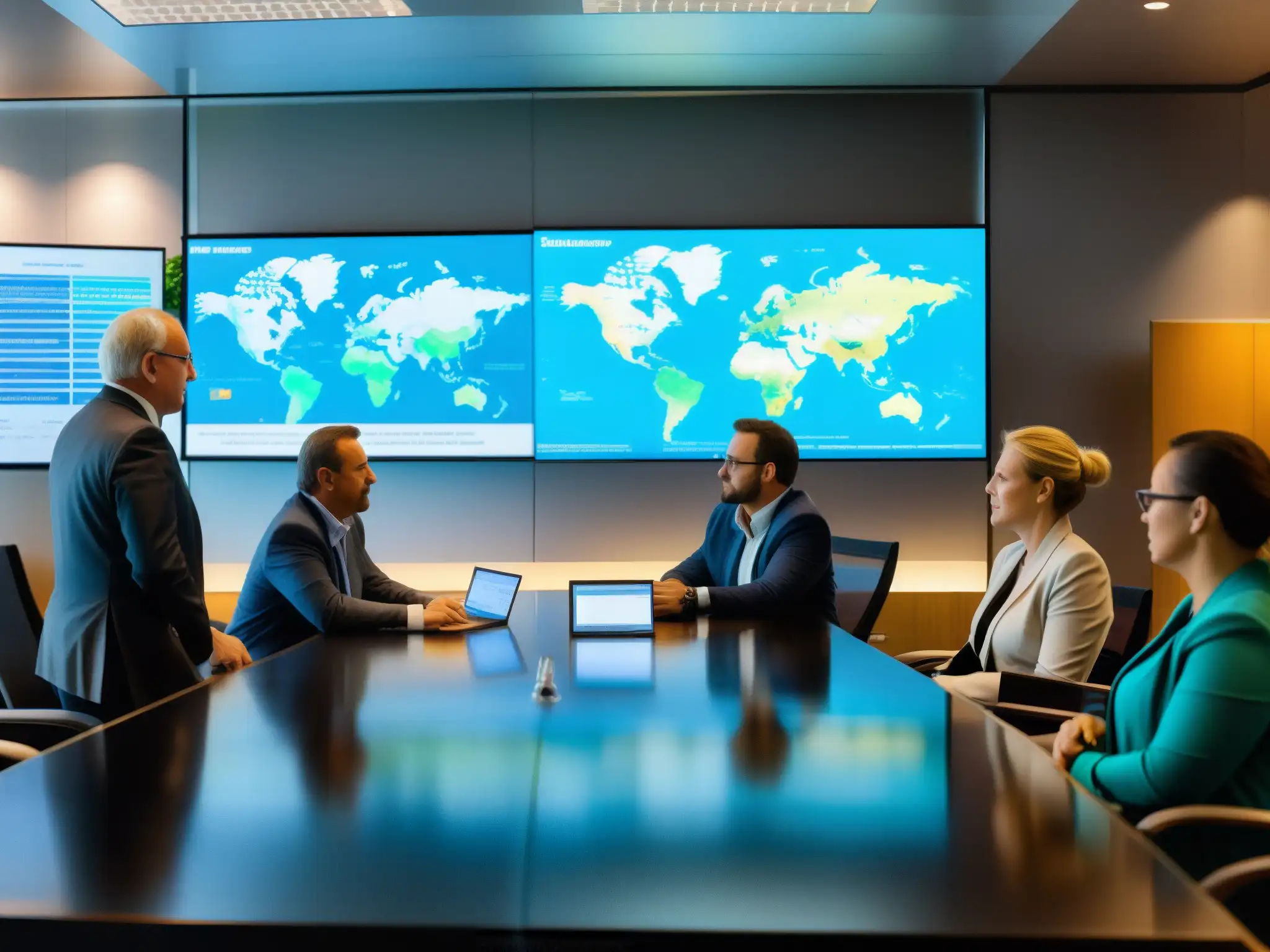 Profesionales en una sala de juntas discuten estrategias de adaptación corporaciones cambio climático, mostrando colaboración y determinación