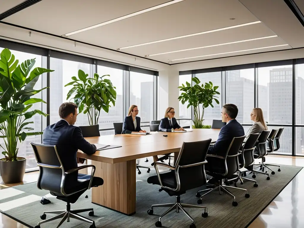 Profesionales debatiendo en una sala de juntas con luz natural y plantas