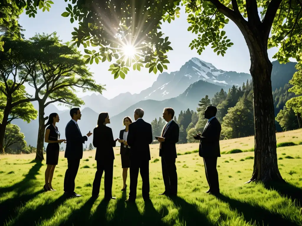 Profesionales del sector empresarial colaborando en un entorno natural, con montañas al fondo