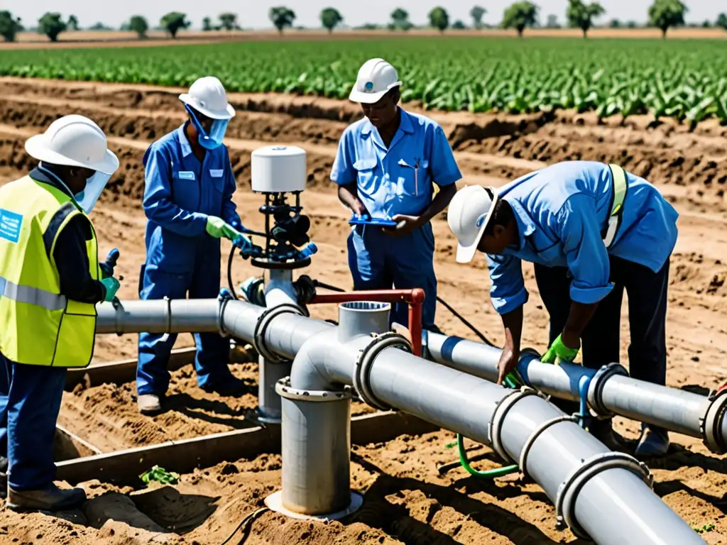 Profesionales inspeccionan sistema de riego en área rural, destacando regulaciones prevención contaminantes agua agricultura