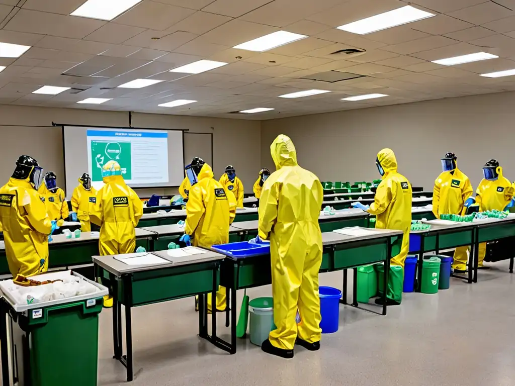 Profesionales en trajes de protección realizan una intensa formación en legislación de residuos peligrosos en una instalación de vanguardia