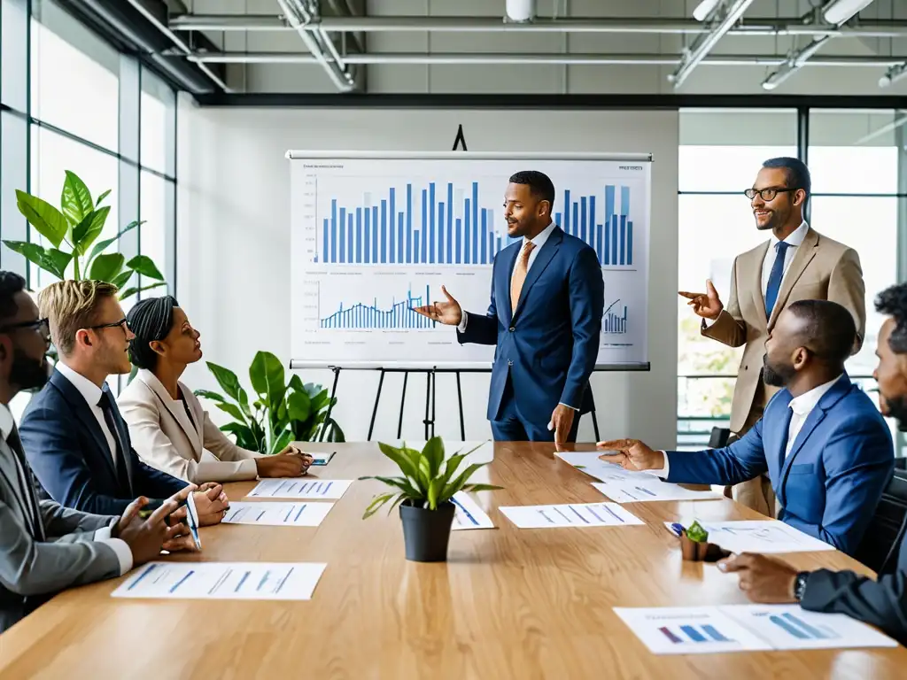 Profesionales en trajes reunidos en una mesa de conferencias, discutiendo prácticas corporativas sostenibles