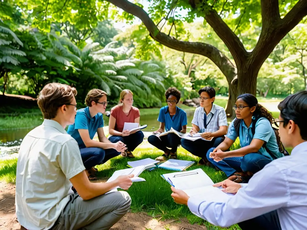 Profesor de derecho ambiental imparte clase al aire libre sobre educación sostenible con estudiantes comprometidos en un entorno biodiverso