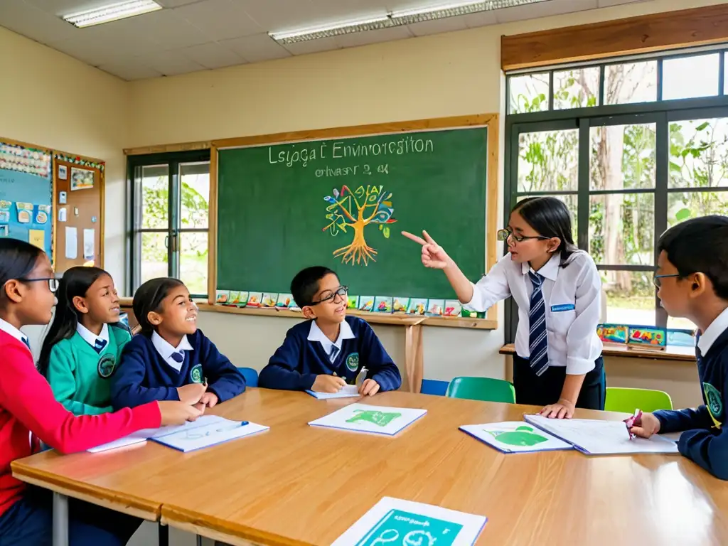 Profesor y estudiantes debatiendo sobre educación ambiental y conservación, rodeados de materiales educativos