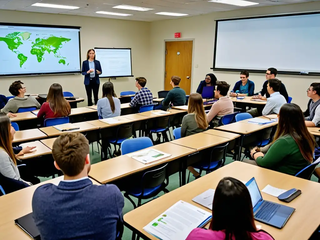 Profesor y estudiantes debaten derecho ambiental con herramientas digitales en aula universitaria