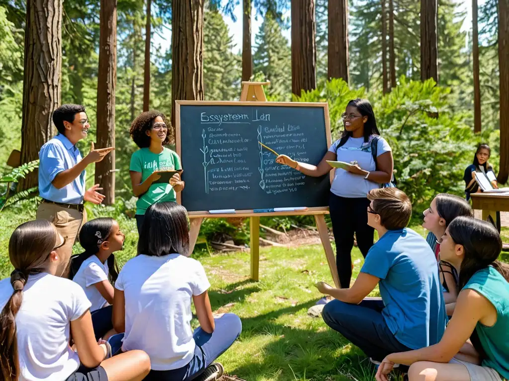 Profesor y estudiantes discuten ley ambiental y sostenibilidad en aula al aire libre, rodeados de naturaleza