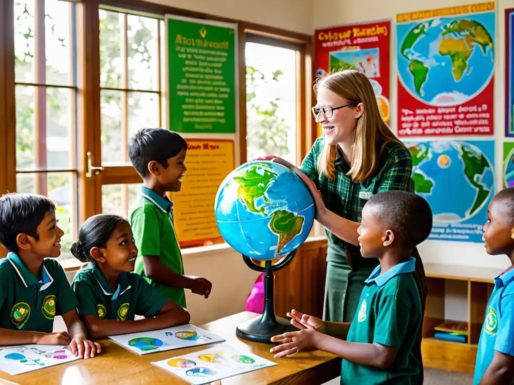 Profesora enseña a niños sobre conservación ambiental y derechos humanos en aula diversa