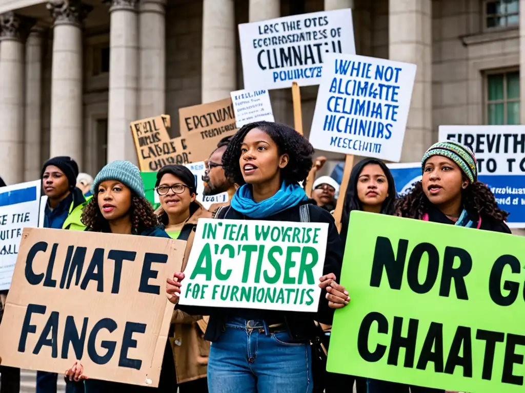 Protesta de activistas por el Fondo Verde para el Clima financiamiento, con pancartas sobre cambio climático y justicia ambiental