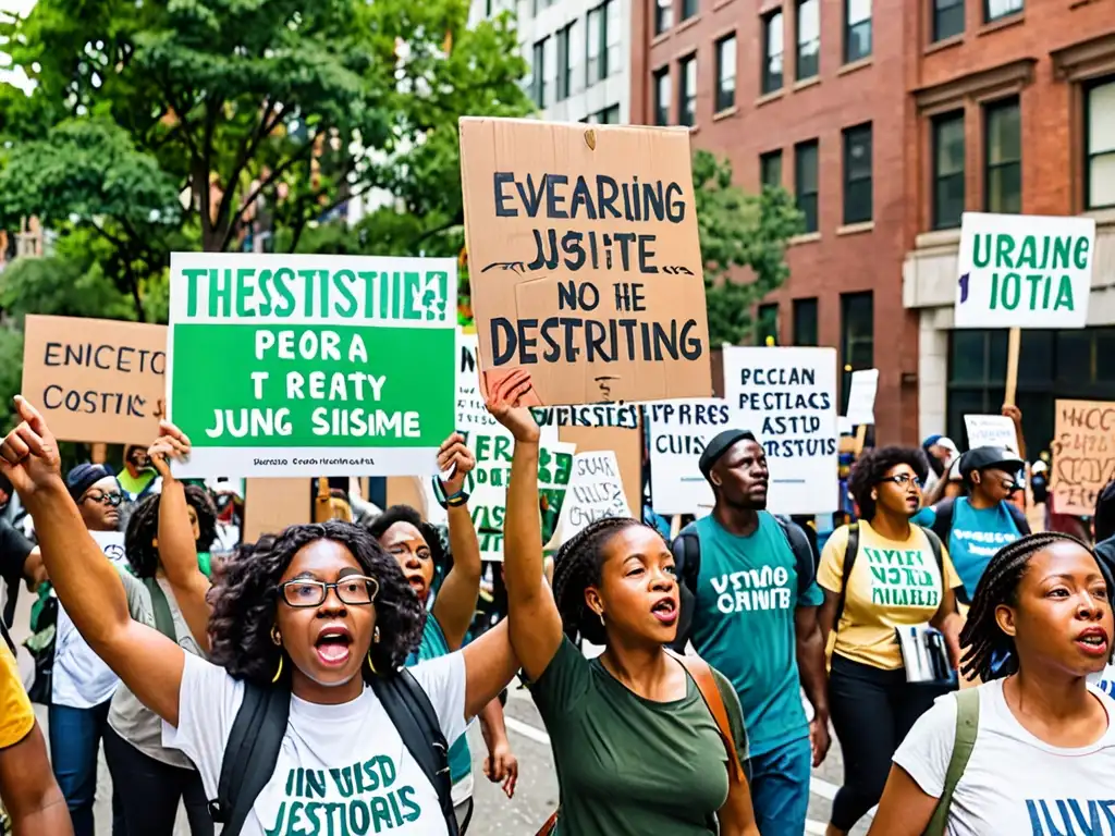 Protesta por la importancia de la justicia ambiental: activistas diversxs marchan con pancartas en la ciudad, simbolizando unidad y determinación