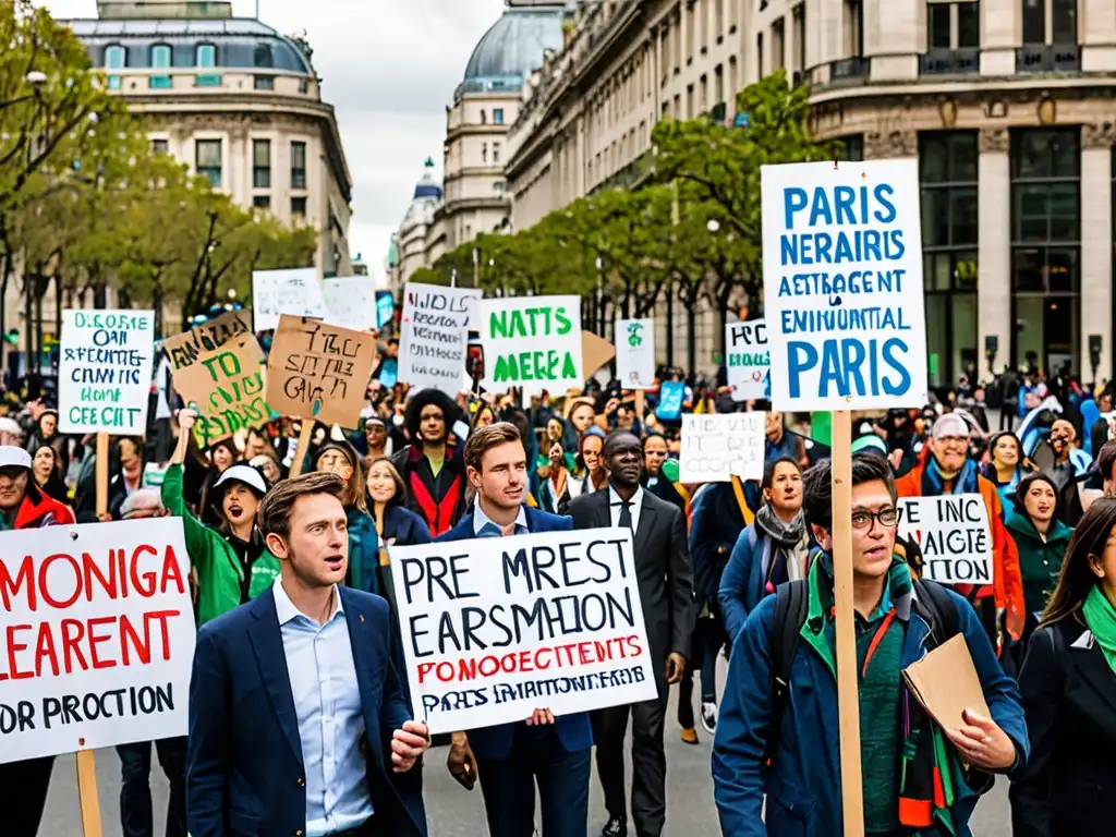 Protesta multitudinaria en la ciudad con letreros por el Acuerdo de París, reflejando el impacto de la legislación ambiental en países americanos