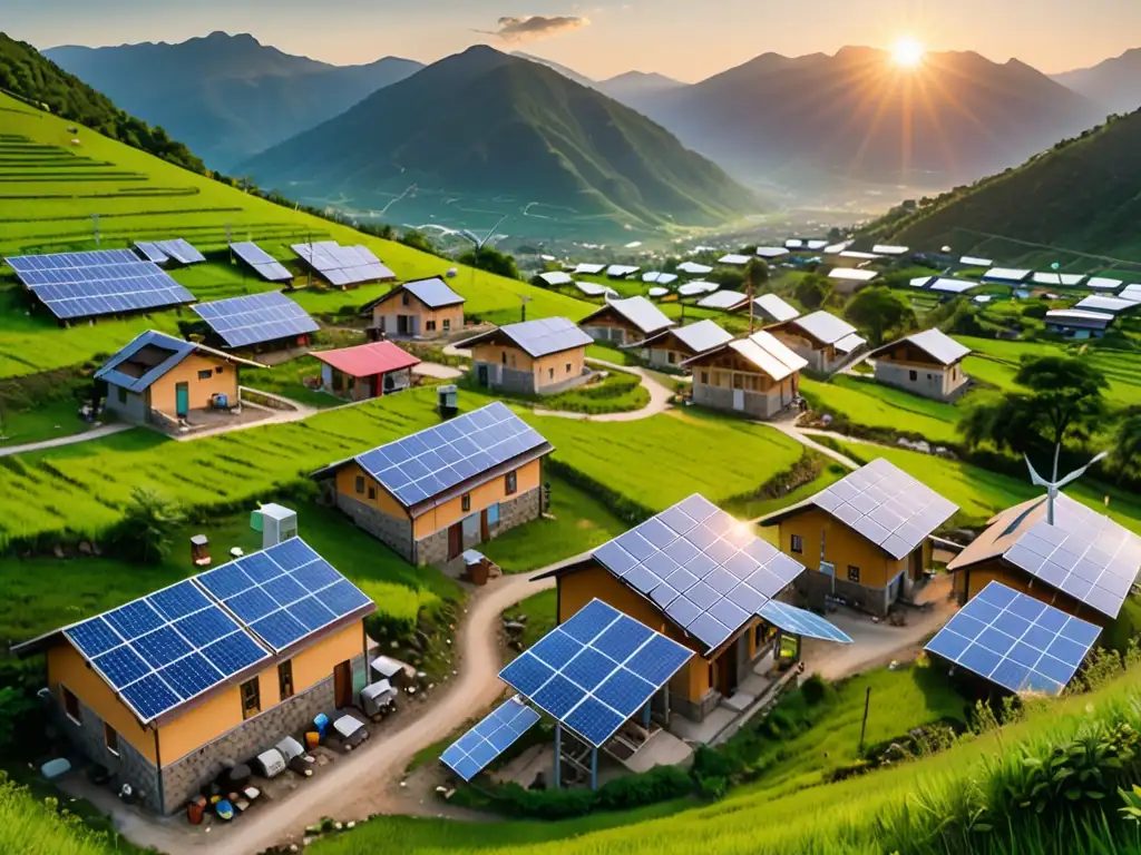 Un pueblo remoto en un valle exuberante, iluminado por micro redes energéticas