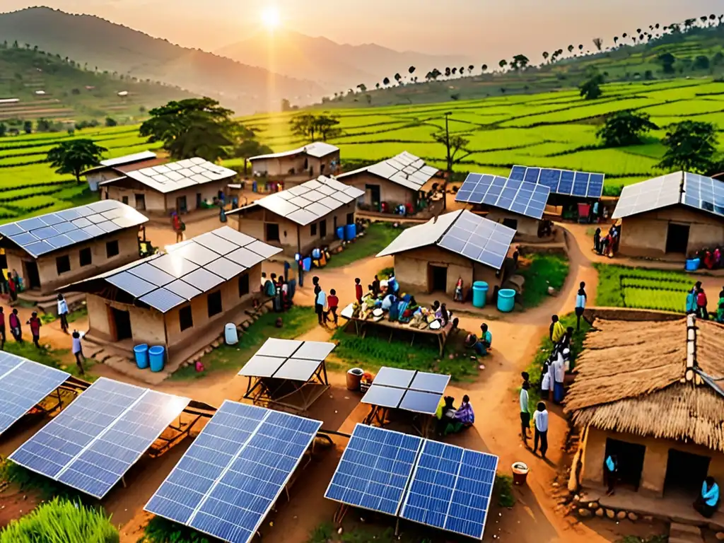 Un pueblo rural con paneles solares en los techos de casas tradicionales