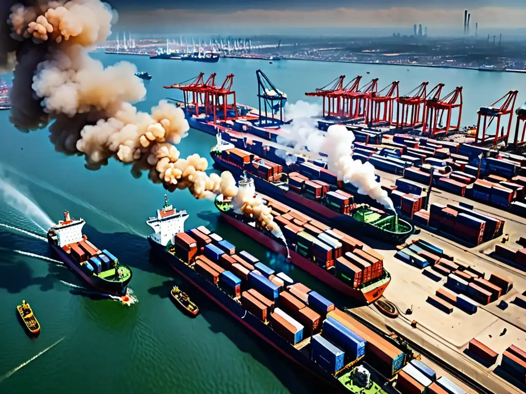 Un puerto bullicioso con barcos de carga enormes, contraste entre naturaleza e industria