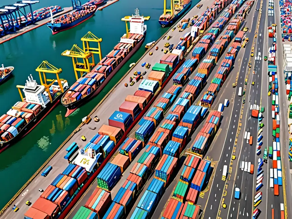 Un puerto bullicioso lleno de barcos cargueros siendo cargados con materiales reciclables, camiones de transporte esperando