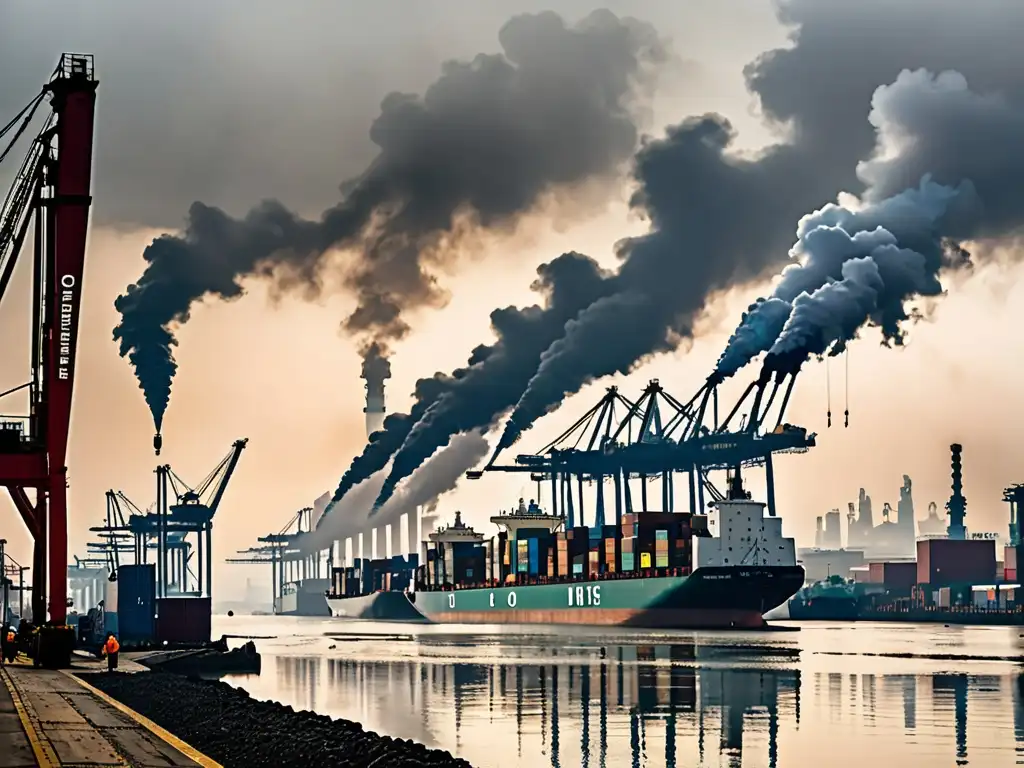 Un puerto bullicioso lleno de barcos de carga, grúas y contenedores, rodeado de edificios industriales y smog