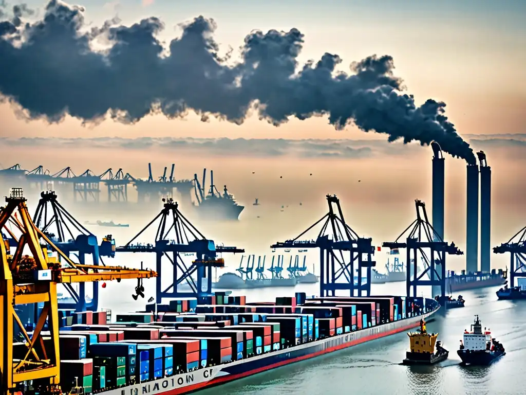 Un puerto de comercio internacional bullicioso con barcos cargueros y grúas, bajo una densa capa de smog