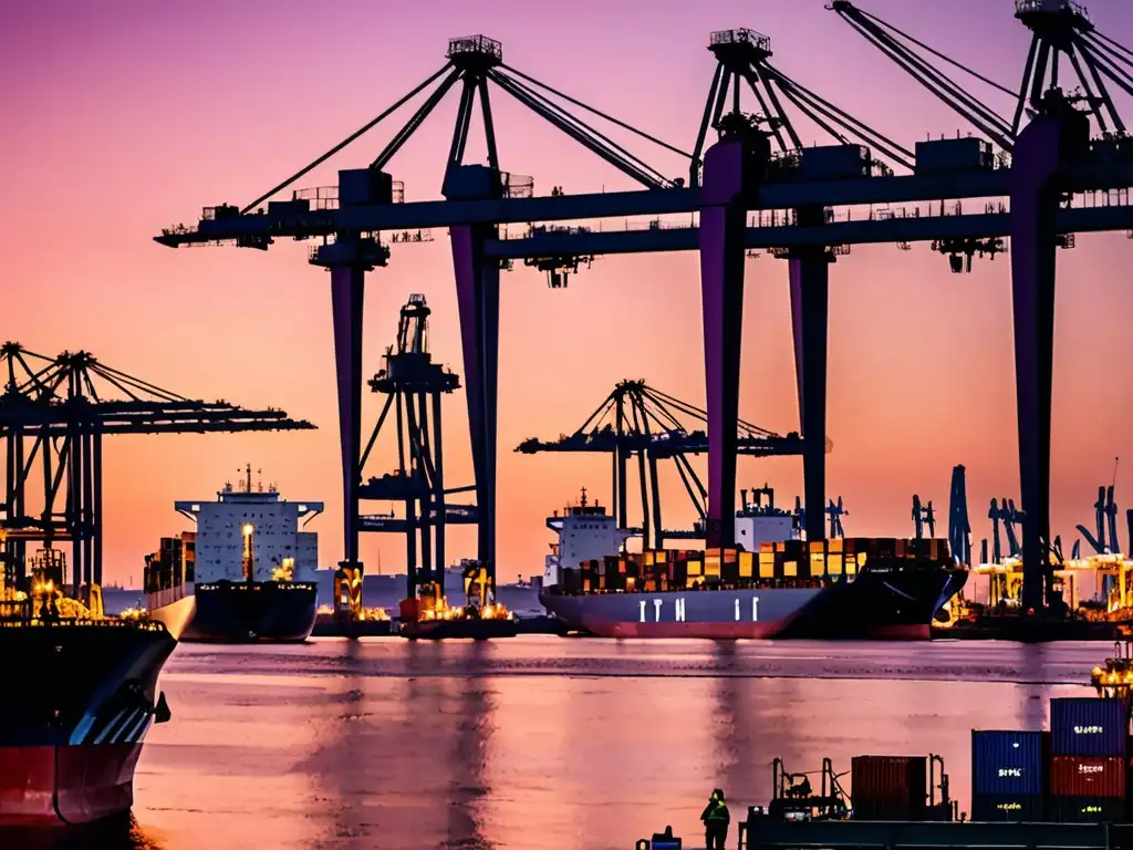 Un puerto industrial bullicioso al atardecer, con barcos de carga y grúas en operación, bajo un cielo vibrante