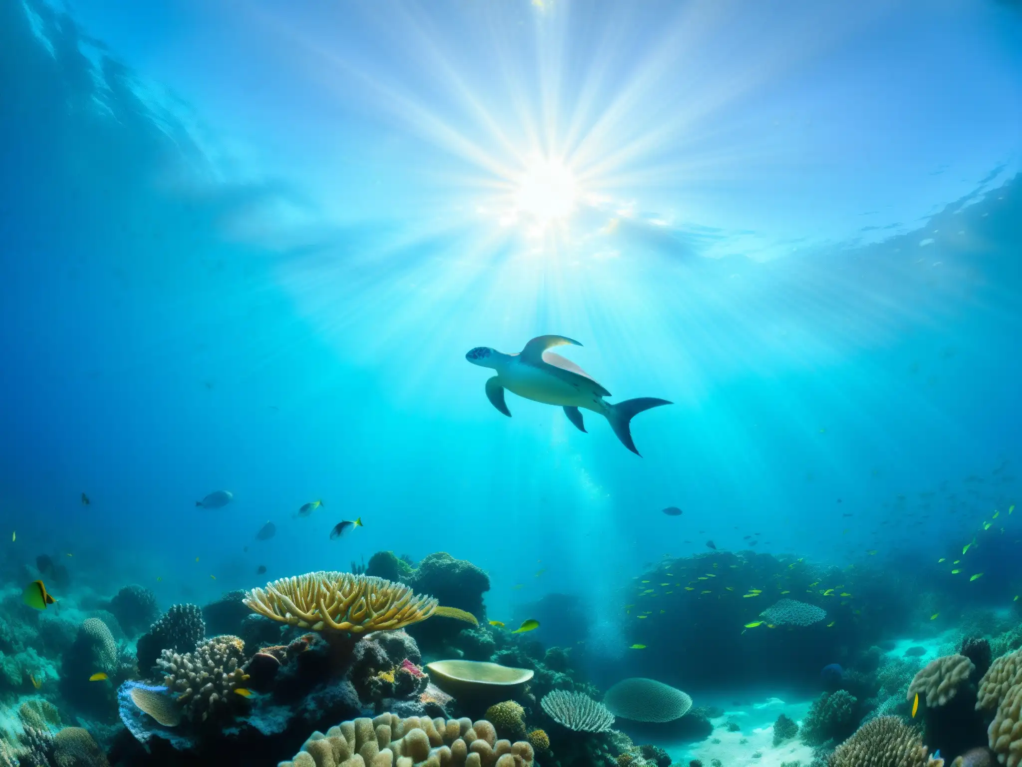 Recuperación de especies en zonas pesqueras: vibrante arrecife de coral con vida marina diversa y colorida bajo el agua clara y la luz del sol