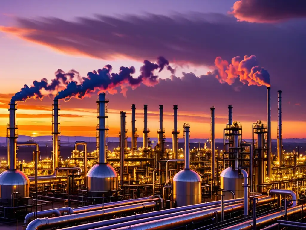 Refinería industrial al atardecer, humeantes chimeneas y redes de tuberías