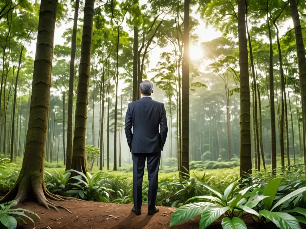 CEO reflexivo en el bosque, promoviendo el liderazgo ambiental y la conservación de la naturaleza