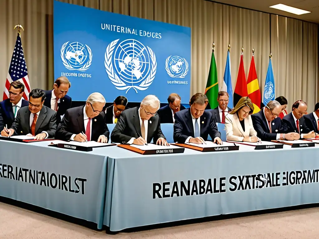 Representantes firmando un acuerdo internacional sobre energía renovable en la cumbre de la ONU, con turbinas eólicas y paneles solares al fondo