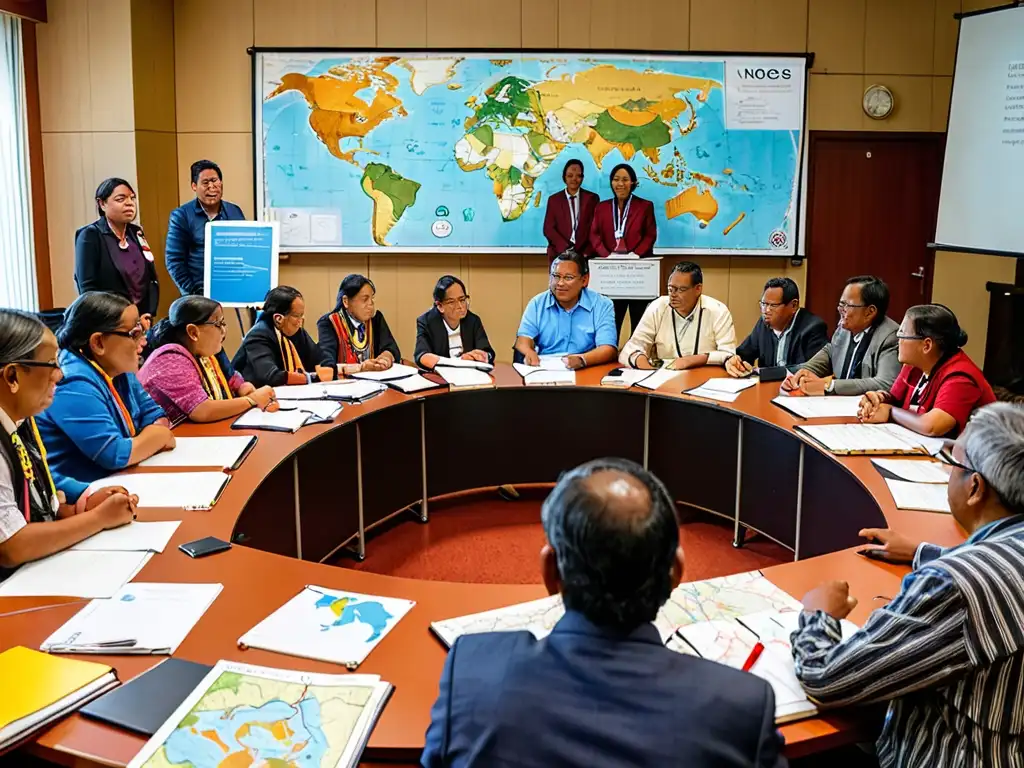 Representantes en discusión sobre protección legal territorios indígenas con mapas y documentos