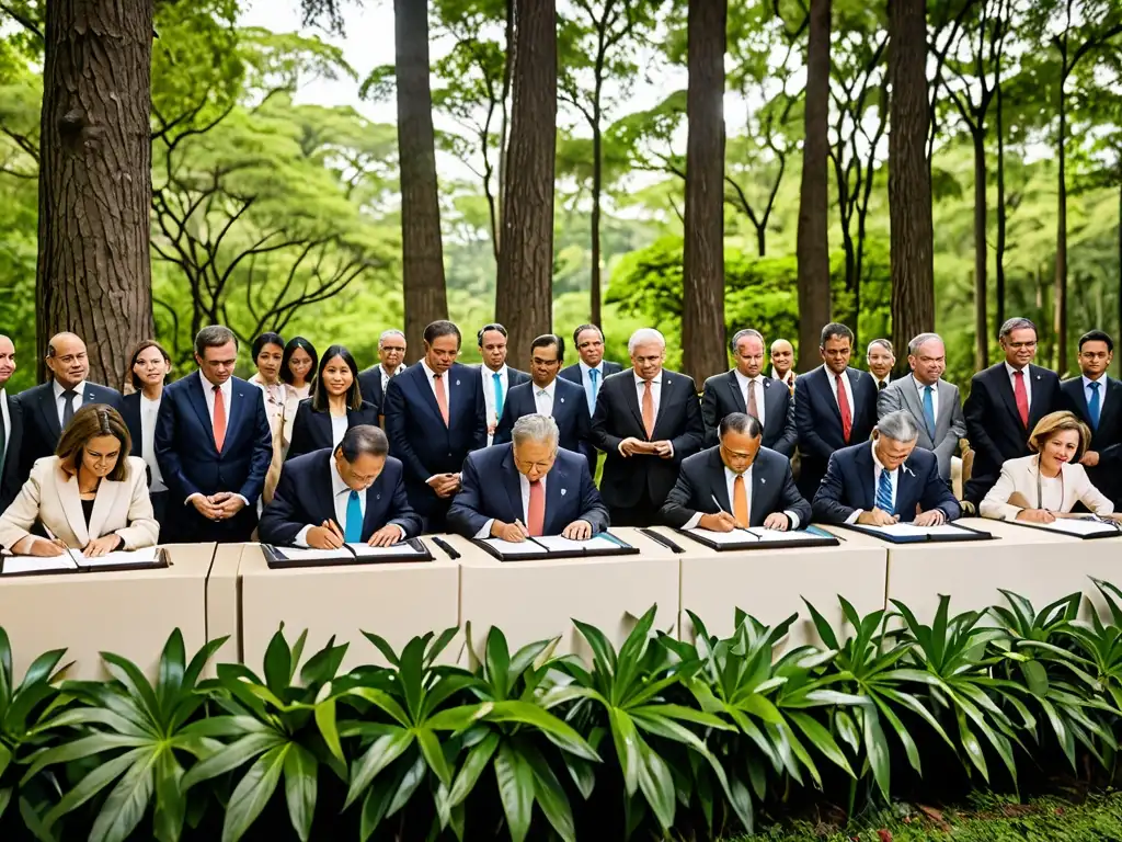 Representantes de diversas naciones firmando el Tratado Ambiental de la ONU, rodeados de exuberante vegetación y fauna diversa