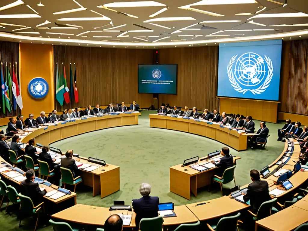 Representantes de diversas organizaciones internacionales discuten legislación ecológica en una sala de la ONU, mostrando colaboración y dedicación