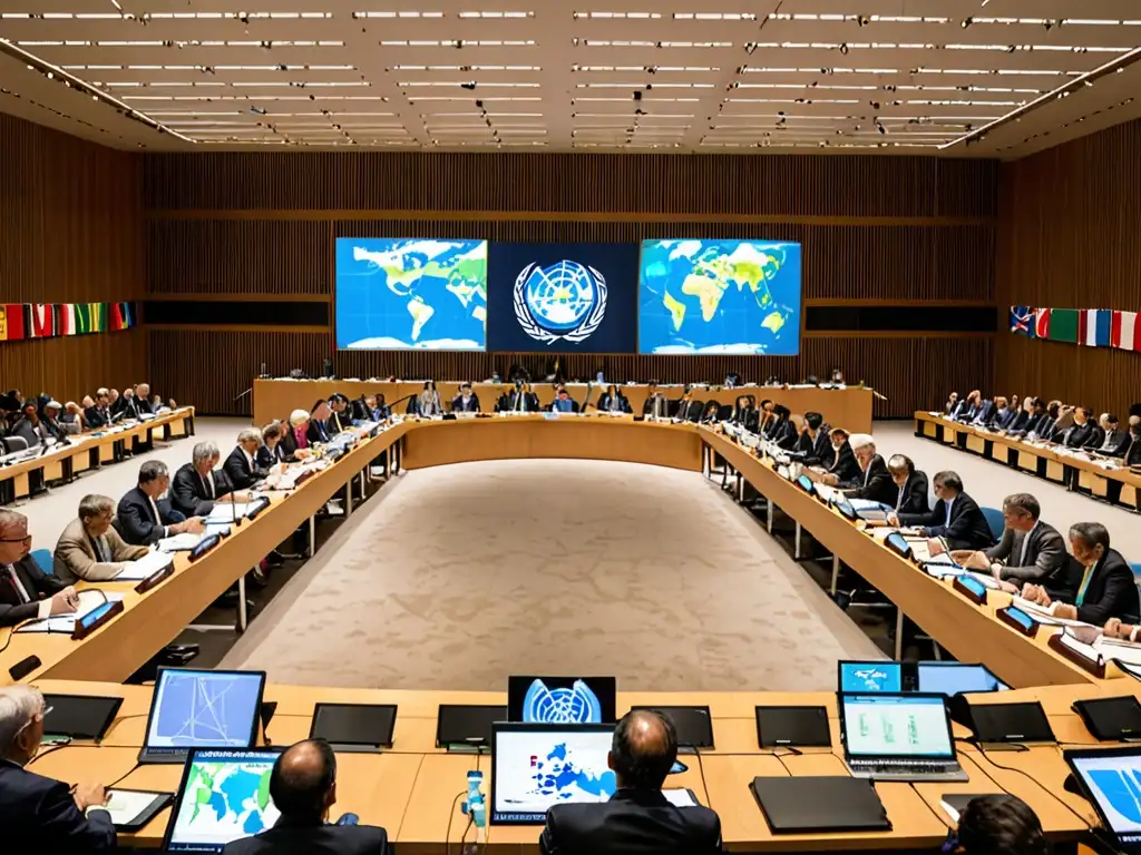 Representantes de diferentes países en una conferencia de la ONU sobre el cambio climático oceánico, discutiendo iniciativas legales internacionales