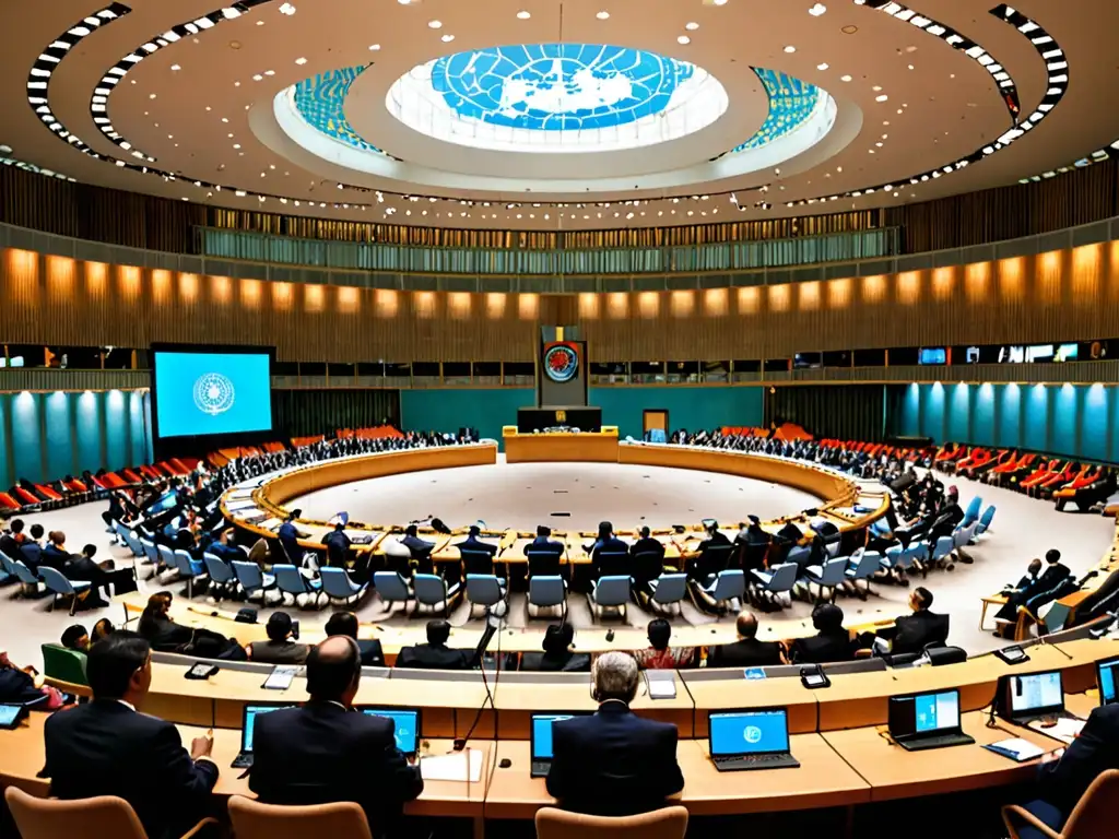 Representantes de diferentes países en una cumbre de la ONU, luciendo trajes tradicionales, dialogan en un salón iluminado por la luz natural
