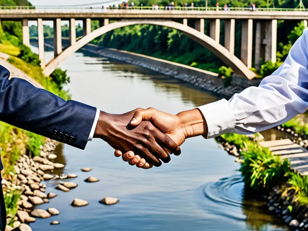 Dos representantes de diferentes países se estrechan la mano a través de un río, con un puente de fondo