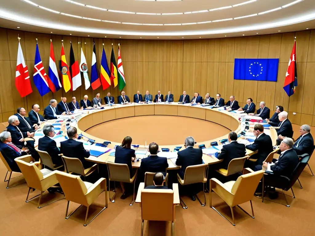 Representantes de varios países en una sala de conferencias, negociando tratados internacionales de gestión de residuos peligrosos