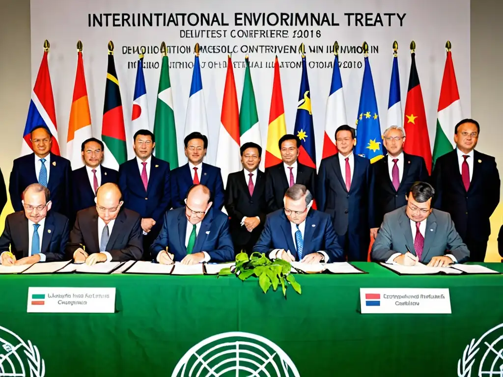 Representantes firmando un tratado ambiental en una conferencia internacional, reflejando cooperación mundial en derecho ambiental