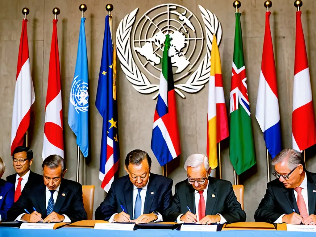 Representantes firmando tratado ambiental internacional en la ONU, reflejando colaboración y determinación