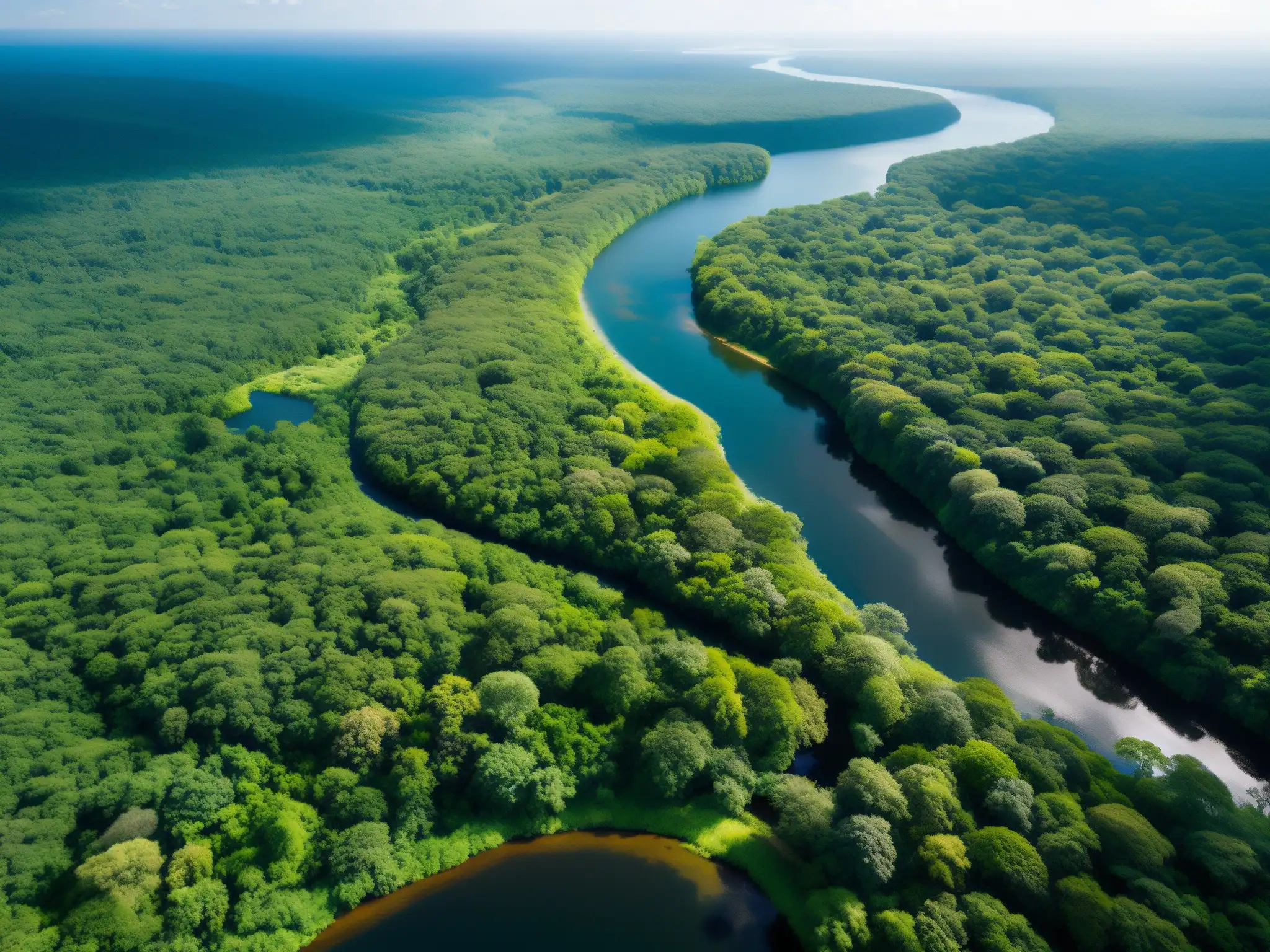 Reserva natural exuberante con ríos serpenteantes, bosques densos y vida silvestre vibrante