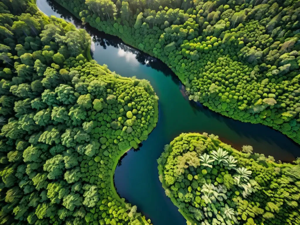 Resoluciones legales para conflictos ambientales en un exuberante bosque verde con un río serpenteante y vida silvestre diversa