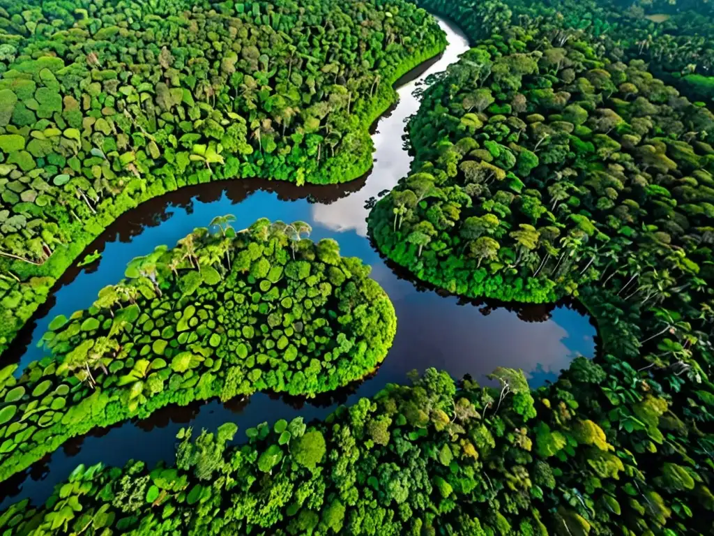 Un resplandeciente paisaje aéreo de la exuberante selva amazónica, con su densa cubierta verde y un río serpenteante