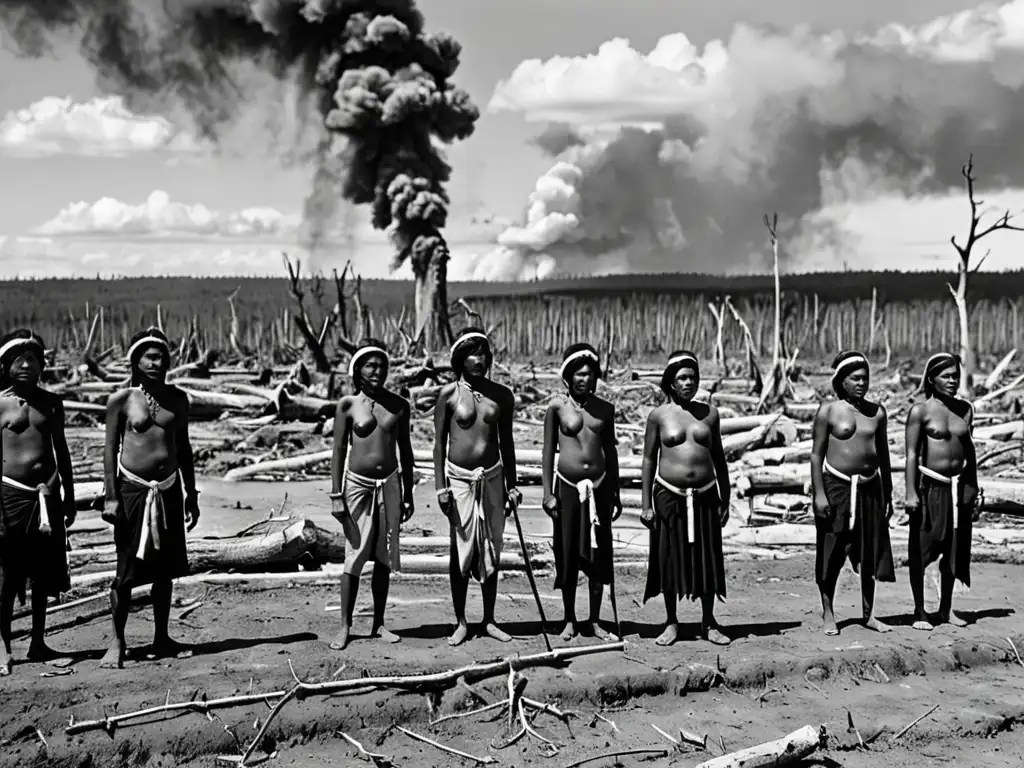 Un retrato en blanco y negro de indígenas frente a un paisaje deforestado