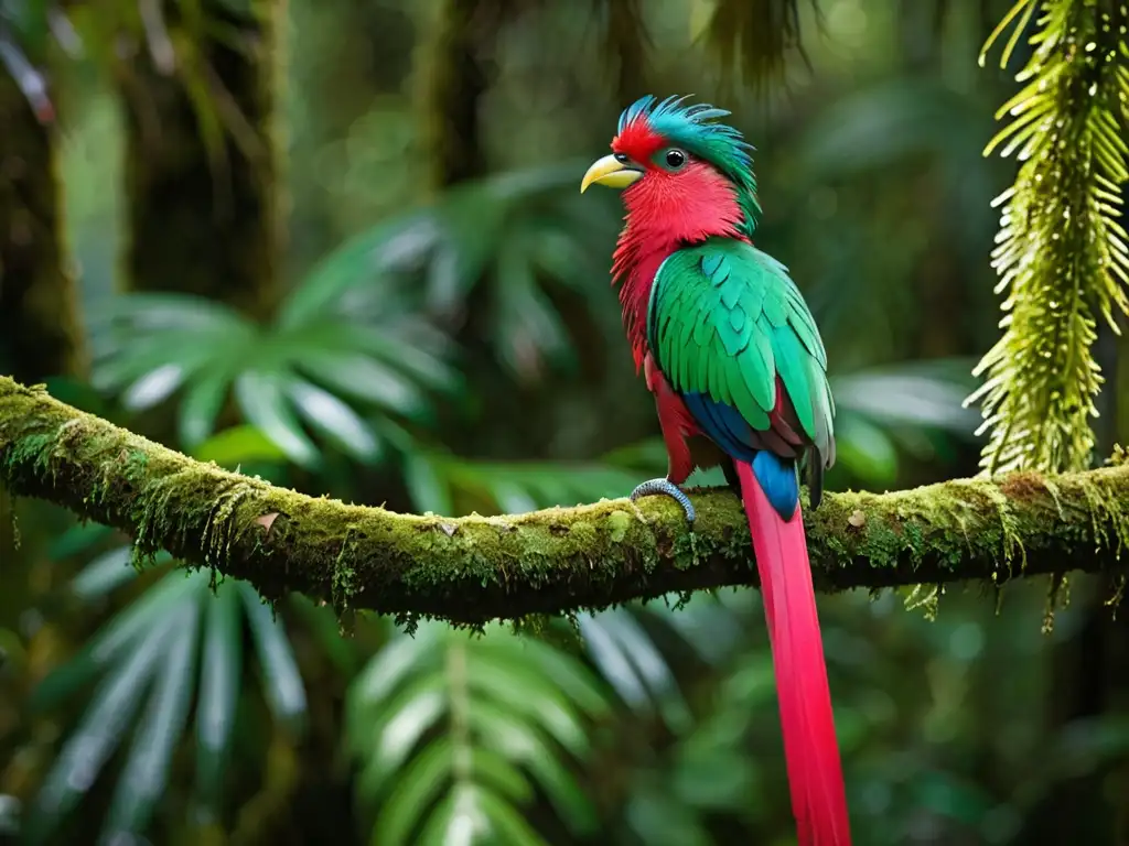 Un retrato detallado de un quetzal vibrante en la exuberante selva de América Central