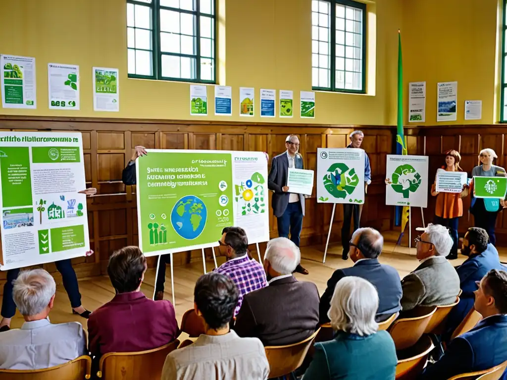 Reunión ciudadana en sala iluminada, promoviendo la legislación ambiental europea y los derechos de la ciudadanía para un futuro más verde