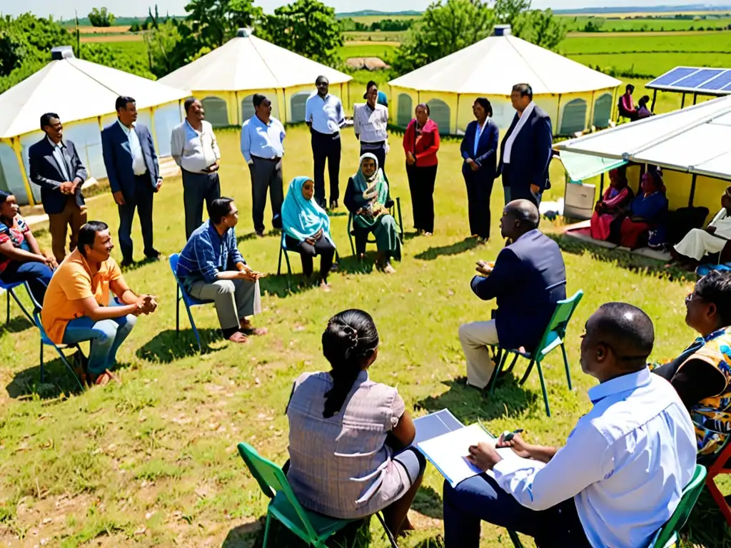 Reunión comunitaria al aire libre sobre la transición energética y el marco legal de las energías renovables