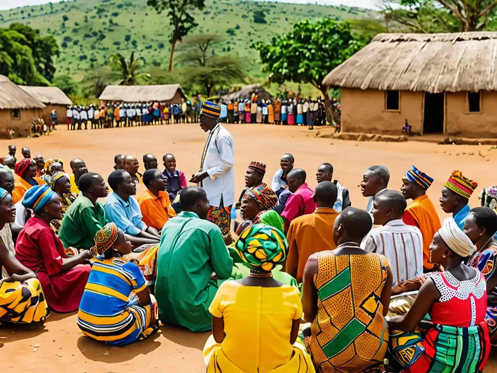 Reunión comunitaria en una aldea africana sobre legislación de conflictos en recursos naturales, con participantes, atuendos coloridos y paisaje exuberante