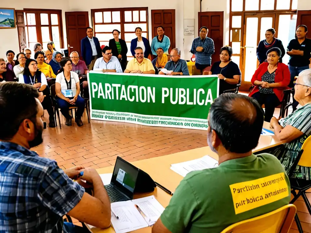 Participación ciudadana en asuntos ambientales: encuentro comunitario Reunión comunitaria en ayuntamiento sobre participación pública en asuntos ambientales, con diversidad de personas debatiendo ideas
