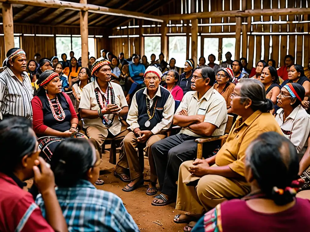 Reunión comunitaria intensa de indígenas discutiendo impacto industrias extractivas en derechos territoriales